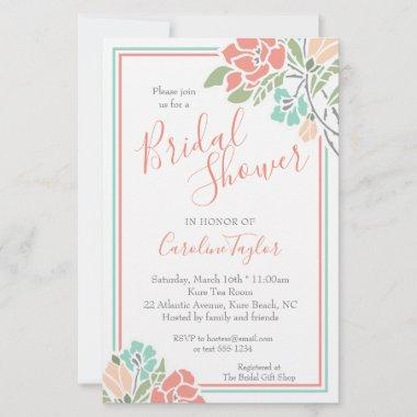 Floral Coral Teal Bridal Shower Invitations
