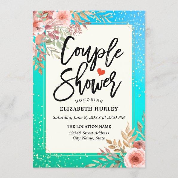 Floral Couple Shower / Bridal Shower Teal Gold Dot Invitations