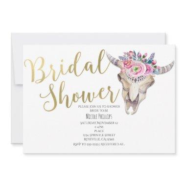 Floral Cow Skull Gold Bridal Shower Invitations