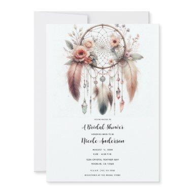 Floral Crystal Feather Dreamcatcher Boho Bridal Invitations