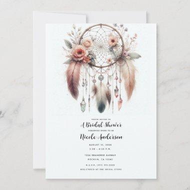 Floral Crystal Feather Dreamcatcher Boho Bridal Invitations