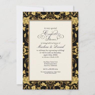 Floral Damask Glitter Gold Elegant Couples Shower Invitations