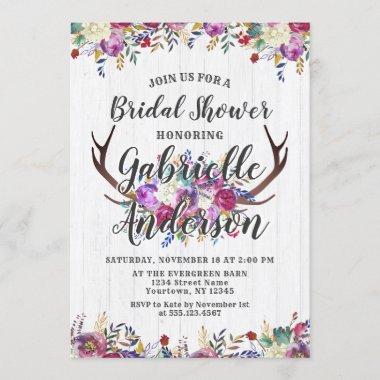 Floral Deer Antler Rustic Bridal Shower Invitations