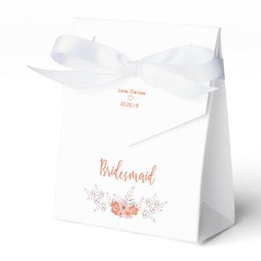 Floral Design with Bridesmaid quote in Coral Favor Boxes