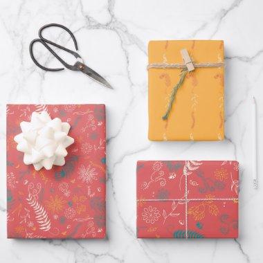 Floral doodles in orange and red wrapping paper sheets