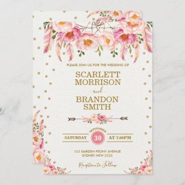 Floral Dreamcatcher Wedding Boho Blush Pink Gold Invitations
