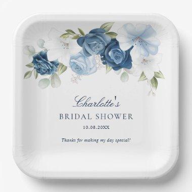 Floral Dusty Blue Botanical Bridal Shower Paper Plates