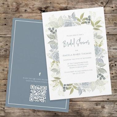 Floral Dusty Blue Bridal Shower QR Code Event Page Invitations