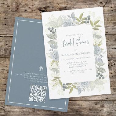 Floral Dusty Blue Bridal Shower QR Code Gift Invitations