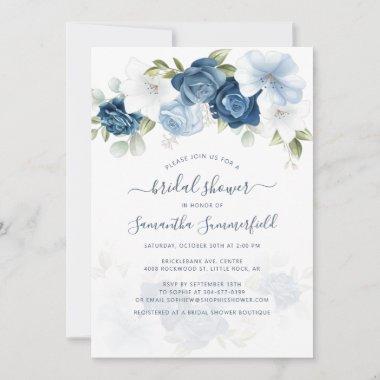 Floral Dusty Blue Greenery Foliage Bridal Shower Invitations