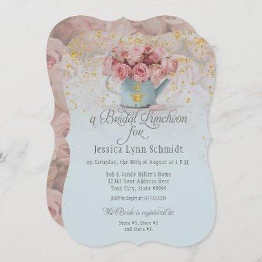 Floral Dusty Blue Roses Gold Bridal Luncheon Invitations