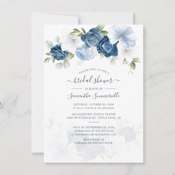 Floral Dusty Blue Watercolor Flowers Bridal Shower Invitations