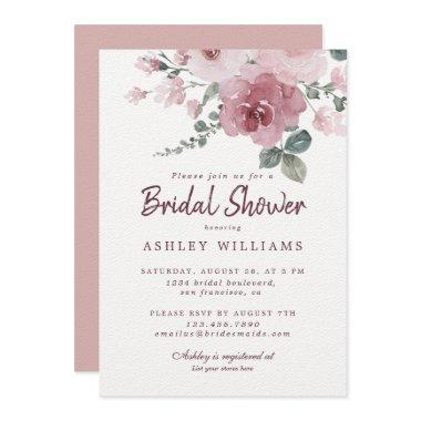 Floral Dusty Pink Rose Burgundy Bridal Shower Invitations