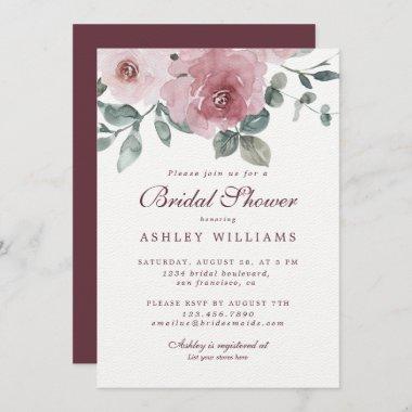 Floral Dusty Pink Rose Burgundy Bridal Shower Invitations