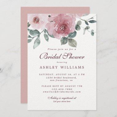 Floral Dusty Pink Rose Burgundy Bridal Shower Invitations