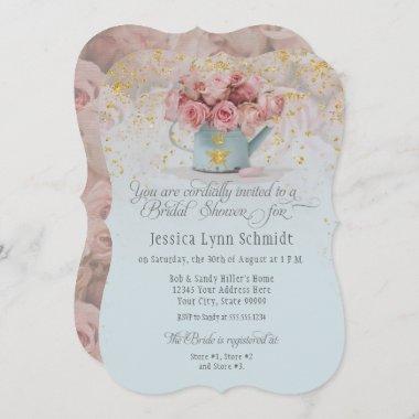 Floral Dusty Rose Bee Gold Blue Bridal Shower Invitations