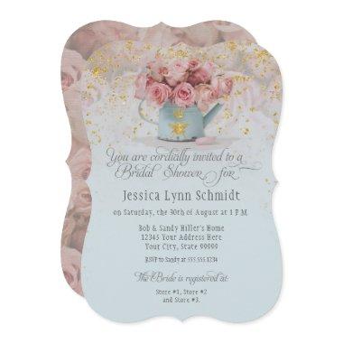 Floral Dusty Rose Bee Gold Blue Bridal Shower Invitations