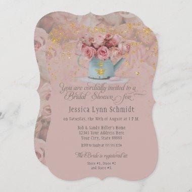Floral Dusty Rose Bee Gold Glitter Bridal Shower Invitations
