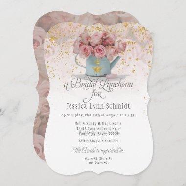 Floral Dusty Rose Gold Elegant Bridal Luncheon Invitations