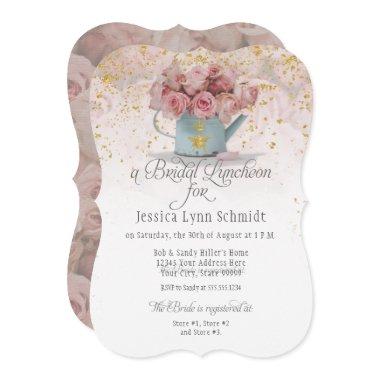 Floral Dusty Rose Gold Elegant Bridal Luncheon Invitations