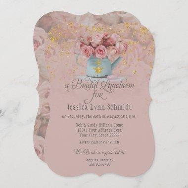 Floral Dusty Rose Gold Glitter Bridal Luncheon Invitations
