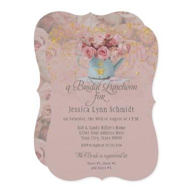 Floral Dusty Rose Gold Glitter Bridal Luncheon Invitations