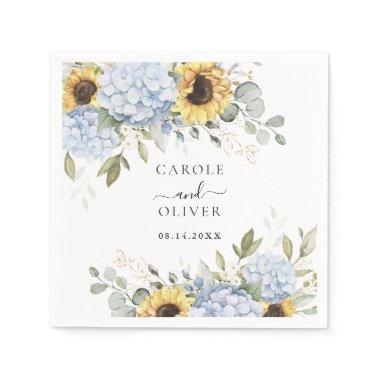 Floral Elegant Blue Hydrangea Sunflowers Wedding Napkins