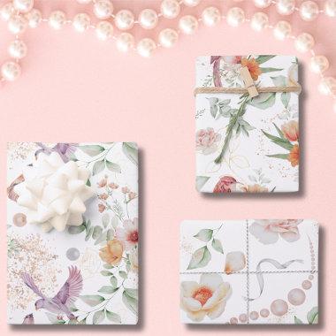 Floral Elegant Pattern Pretty Flowers Leaves Birds Wrapping Paper Sheets