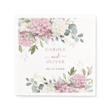 Floral Elegant Pink Hydrangea Greenery Wedding Napkins