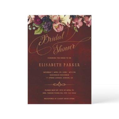 Floral elegant script burgundy bridal shower Invitations