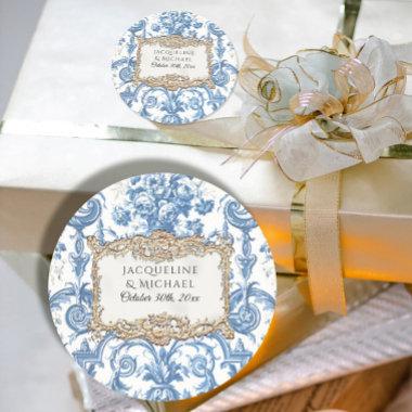 Floral Elegant Vintage Blue White Gold Bridal Classic Round Sticker