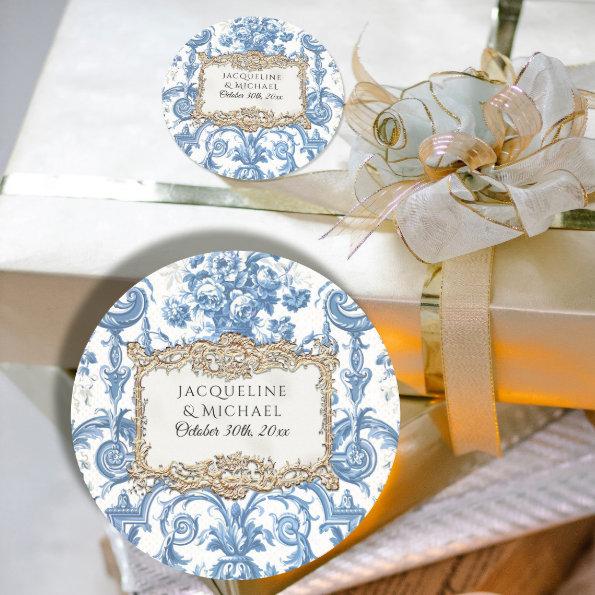 Floral Elegant Vintage Blue White Gold Bridal Classic Round Sticker