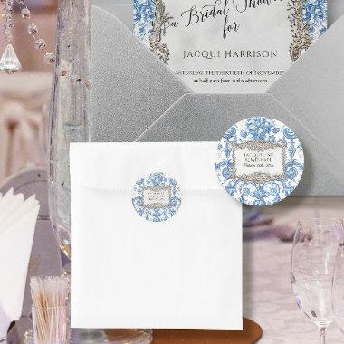 Floral Elegant Vintage Blue White Silver Bridal Classic Round Sticker