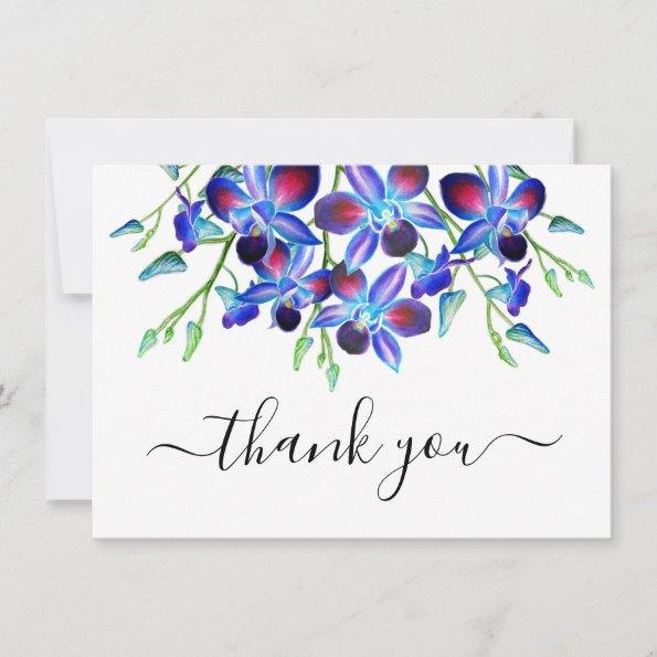 Floral Elegant Watercolor Blue Orchids Script Thank You Invitations