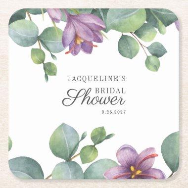 Floral Eucalyptus Watercolor Script  Square Paper Coaster