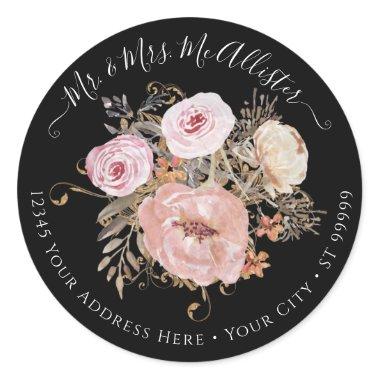 Floral Fall Black Blush Pink Watercolor Rose Gold Classic Round Sticker