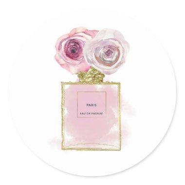 Floral Fashion Perfume Bottle Pink Roses Gold Glam Classic Round Sticker