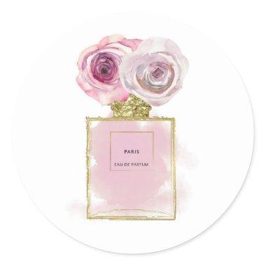 Floral Fashion Perfume Bottle Pink Roses Gold Glam Classic Round Sticker