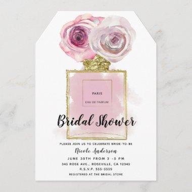 Floral Fashion Perfume Bottle Pink Roses Gold Glam Invitations