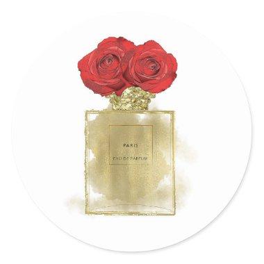 Floral Fashion Perfume Bottle Red Roses Gold Glam Classic Round Sticker
