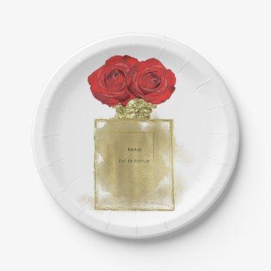 Floral Fashion Perfume Bottle Red Roses Gold Glam Paper Plates