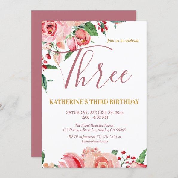 Floral Flora Blush Pink Gold Watercolor Birthday Invitations