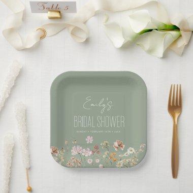 Floral Garden Sage Green Wildflower Paper Plates