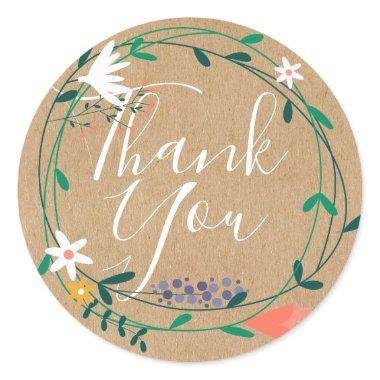 Floral Garland Script Thank You Rustic Kraft Boho Classic Round Sticker