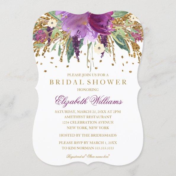Floral Glitter Amethyst Bridal Shower Invitations