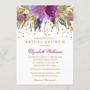 Floral Glitter Sparkling Amethyst Bridal Brunch Invitations