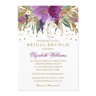 Floral Glitter Sparkling Amethyst Bridal Brunch Invitations