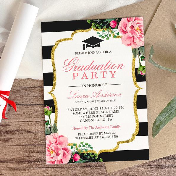 Floral Gold Black White Stripes Graduation Party Invitations
