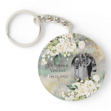 Floral Gold Botanical Cream Photo Names Wedding Keychain