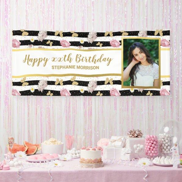 Floral Gold Butterfly Any Age, Your Photo Birthday Banner